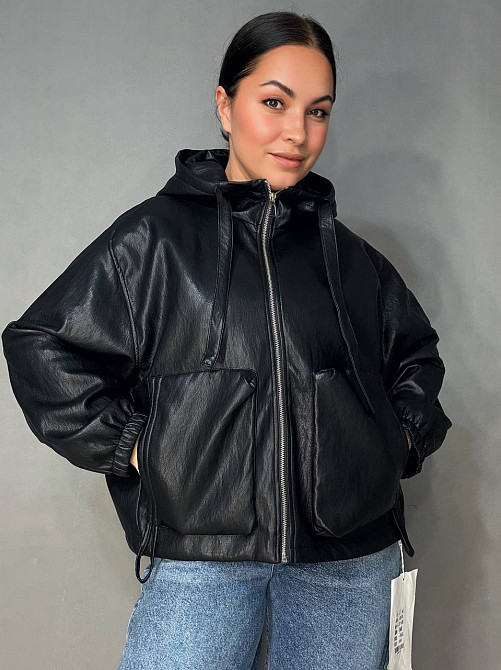 Куртка жіноча Ou Mai JY-08 з екошкіри з капюшоном оверсайз чорна, чорний, XL Київ - фото 1