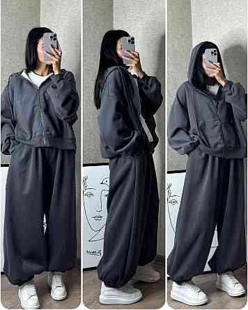 Женский теплый оверсайз костюм: кофта и штаны трехнить флис Графит Одесса