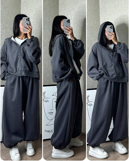 Женский теплый оверсайз костюм: кофта и штаны трехнить флис Графит Одесса - изображение 1