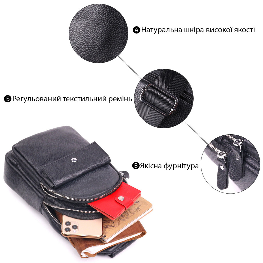 Стильна чоловіча сумка слінг із натуральної зернистої шкіри 21402 Vintage Чорний Київ - фото 7