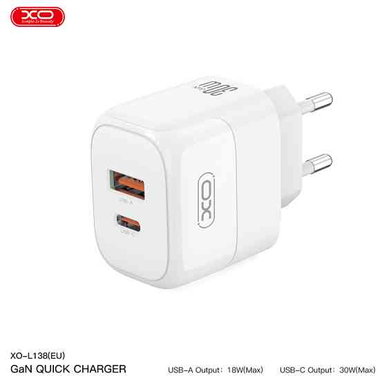 Мережевий зарядний пристрій XO L138 PD30W/QC18W 1USB-A+1USB-C  білий Львів