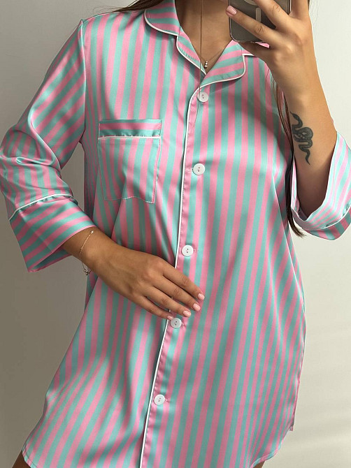 Женская ночная рубашка сатиновая Голубо-розовый полоска XL Харьков - изображение 4