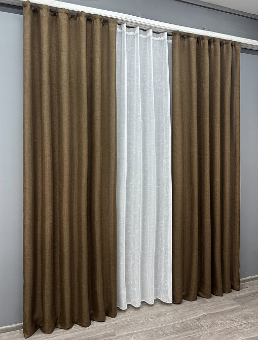 Комплект штор VR-Textil Лен Мешковина 150х270 2шт и Тюль 400х270 1476ш-115т Коричневый с белым 71-028/3 Киев - изображение 3