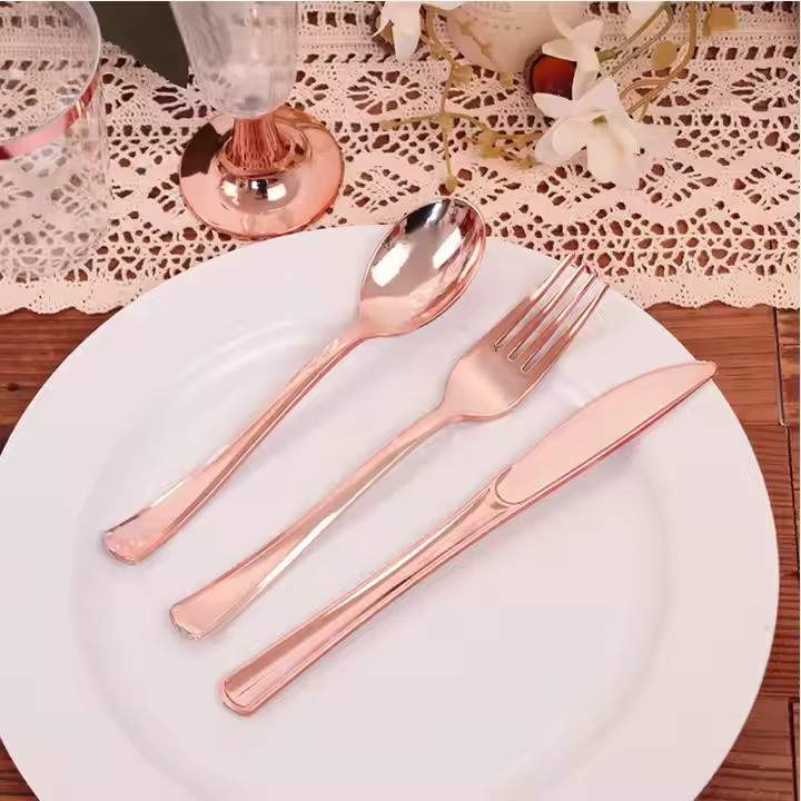 Набор пластиковых столовых приборов 18 шт качественных (ножи,вилки, ложки).Многоразовая посуда, розовое золото Каменец-Подольский - изображение 4