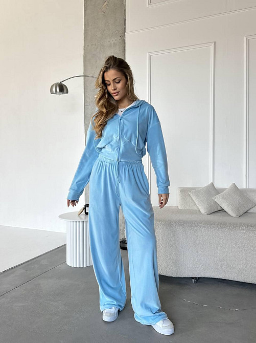 Жіночий повсякденний костюм-двійка: кофта та штани велюр Блакитний, 46/48 Одеса - фото 1