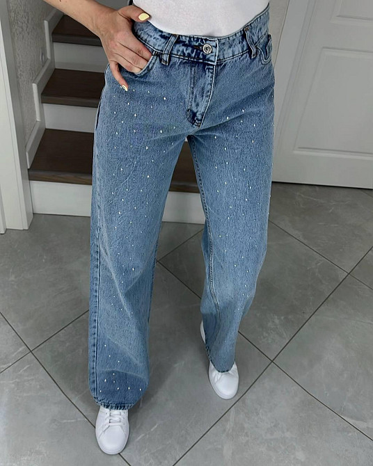 Жіночі прямі джинси на високій посадці зі стразами 100% котон 31 Одеса - фото 1