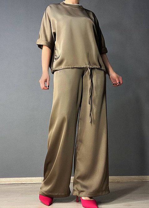 Костюм жіночий A-N 27012 шовковий блузка з брюками палаццо оверсайз бежевий, бежевий, M Київ - фото 11