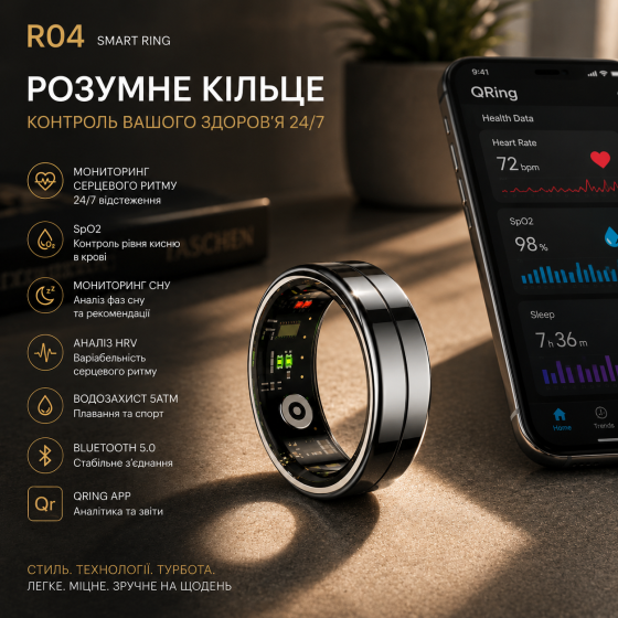 Розумне кільце R04 Smart Ring QRing | Моніторинг пульсу, SpO₂, сну, HRV, стресу, 5ATM, Bluetooth, до 7 днів автономності Київ