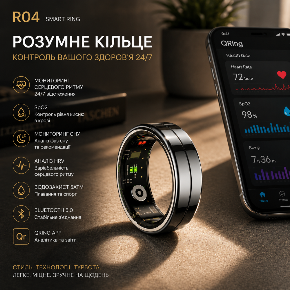 Розумне кільце R04 Smart Ring QRing | Моніторинг пульсу, SpO₂, сну, HRV, стресу, 5ATM, Bluetooth, до 7 днів автономності Київ - фото 4