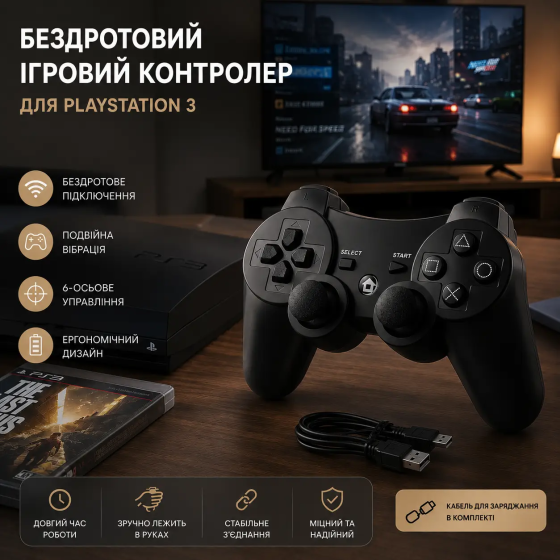 Беспроводной игровой контроллер для PlayStation 3 и ПК — Bluetooth Геймпад, Double Shock, 6-осевой гироскоп, Черный Киев