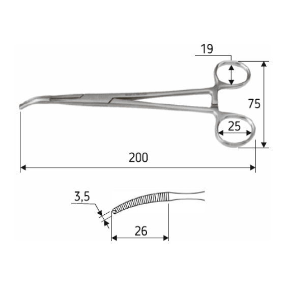 Затискач черевний Mikulicz, 20 см, зігнутий, 1:2 зубий, J-17-285 Дніпро