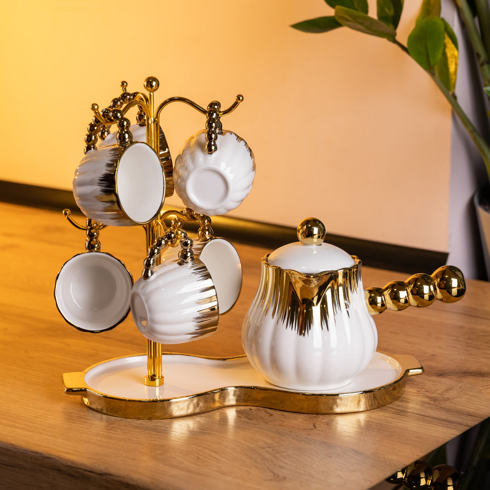 Кавовий сервіз на підставці з туркою 450 (мл) 6 чашок по 90 (мл) подарунковий набір чашок на підставці Білий із золотом FM-JJ-5 Коломия - фото 1