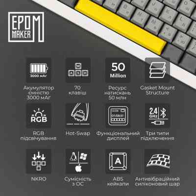 Клавиатура Epomaker Shadow-X 70 Wisteria Linear Switch Hot-Swap LCD Screen RGB Wireless/Bluetooth/USB UA White (SHX-W-WL) Винница