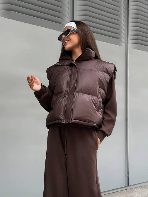 Жіночий стильний теплий костюм-трійка з турецької двонитки + плащівка емі Шоколад, 46 Одеса - фото 1