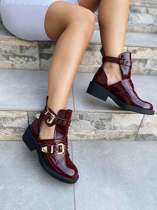 Жіночі черевики бордові з натуральної лакованої шкіри весна-осінь демісезонні з байковою підкла Коломия - фото 1