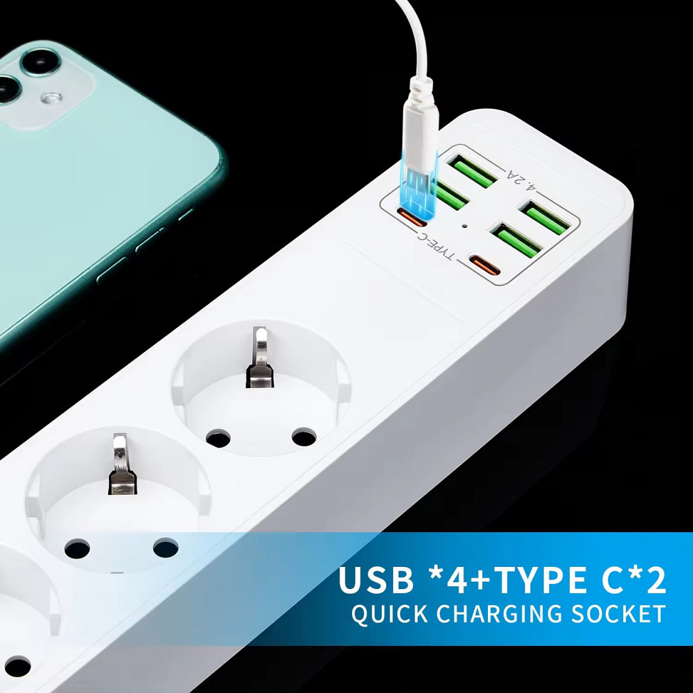 Мережевий фільтр BKL-03 4 USB + 2 Type-C, 100-250V, 10А, 3 розетки, білий Кам'янець-Подільський - фото 2