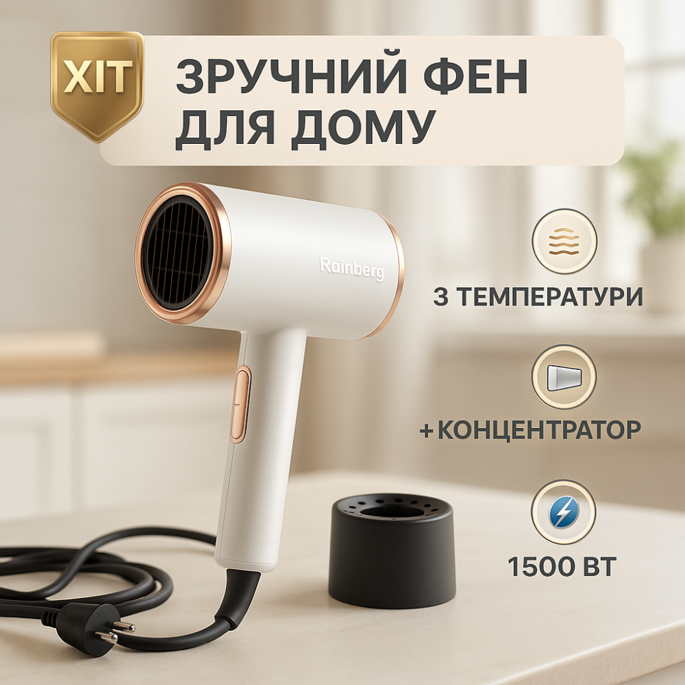 Фен для укладання волосся з функцією іонізації Rainberg RB-2260 1500Вт, Електрофен з насадками FB-88 Львів - фото 14