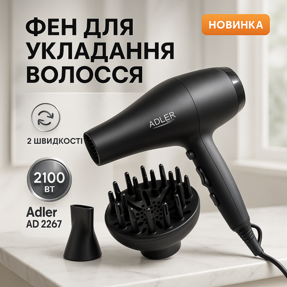 Мощный фен для сушки и укладки волос Adler AD 2267 2100Вт, Фен для легкой укладки волос UZ-18 Львов - изображение 8