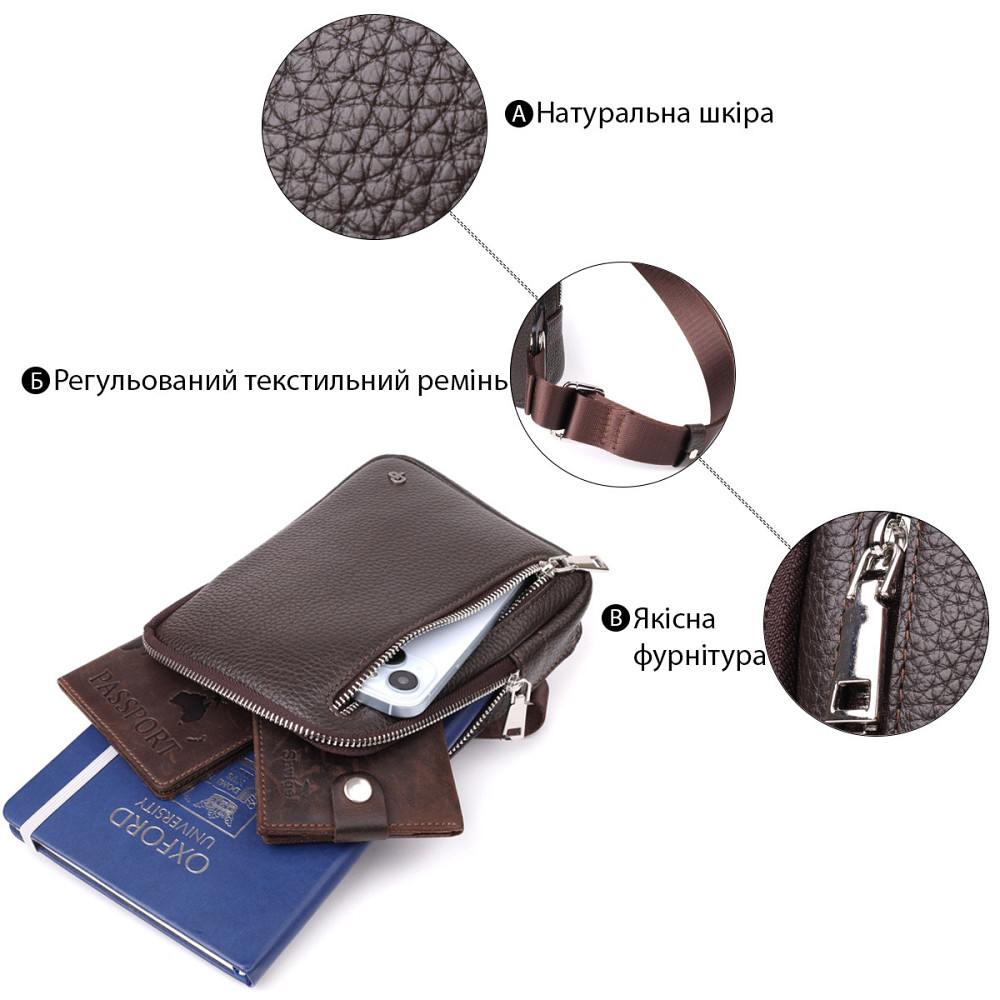 Прямоугольная сумка бананка из зернистой натуральной кожи Коричневая (GRANDE PELLE) Киев - изображение 8