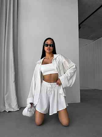 Жіночий літній прогулянковий оверсайз костюм двійка: сорочка і шорти льон Одеса