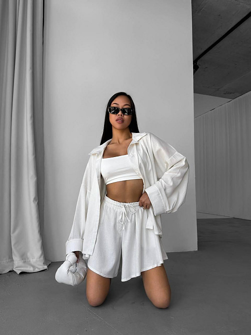 Женский летний прогулочный оверсайз костюм двойка: рубашка и шорты лен Одесса - изображение 4
