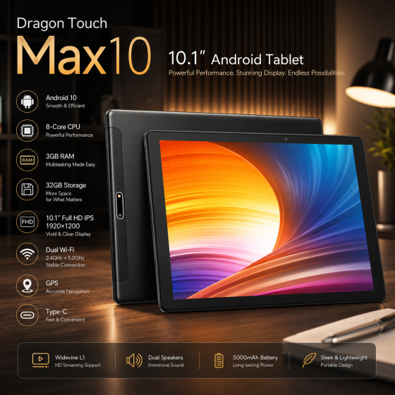 Dragon Touch Max10 10.1" Планшет Android 10, 3 ГБ ОЗУ, 32 ГБ Пам'яті, Full HD IPS 1920×1200, Wi-Fi 2.4/5 ГГц, GPS, Type-C, Чорний Київ