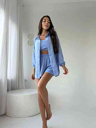 Женский летний прогулочный оверсайз костюм тройка: рубашка топ и шорты американский креп жатка Голубой Одесса