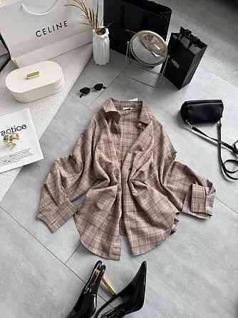 Женская трендовая оверсайз рубашка в клетку костюмный тиар Беж Одесса