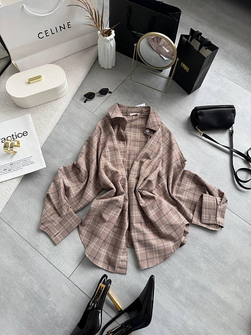 Женская трендовая оверсайз рубашка в клетку костюмный тиар Беж Одесса - изображение 5