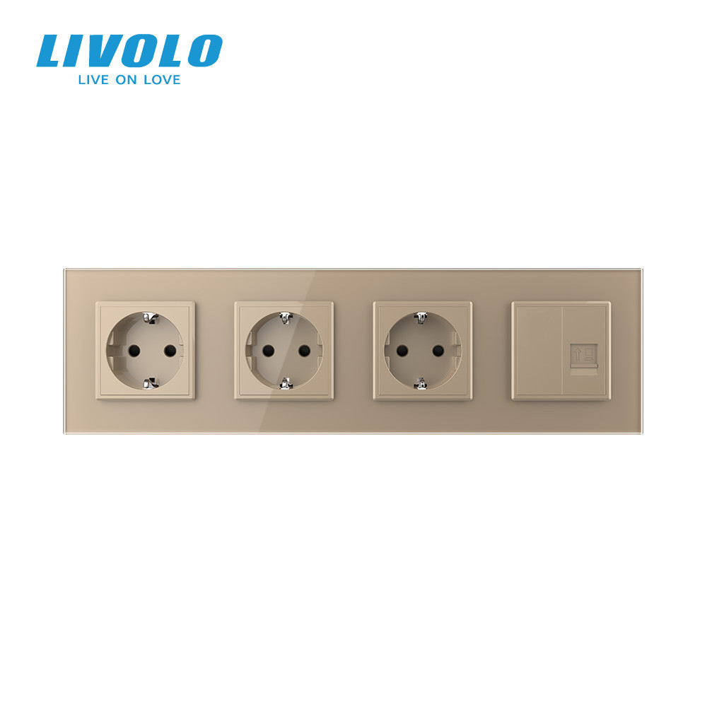 LIVOLO Розетка чотиримісна комбінована Силова Інтернет Livolo золото скло (VL-C7C3EU1CK0-13) Коломия - фото 3