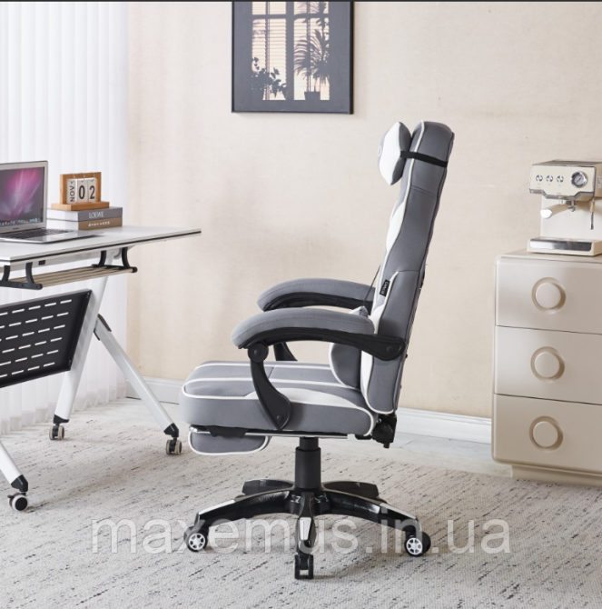 Геймерское кресло Bonro B141 с подставкой для ног тканевое компьютерное кресло бело-серое Мостиска - изображение 11