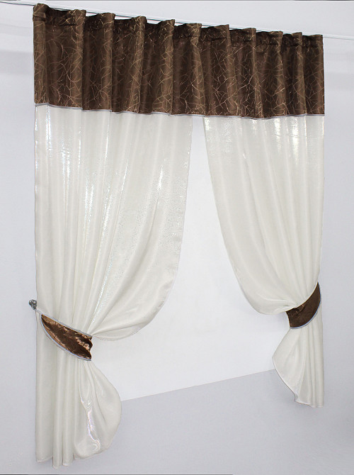 Кухонные шторы VR-Textil № 073к с ламбрекеном и подхватами молочный с коричневым 270х170 см (52-0285) Киев - изображение 2