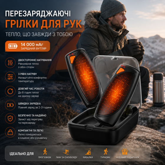 Аккумуляторные грелки для рук VIMWING N2 Черные: электрическая карманная грелка 2 шт с зарядным кейсом 14000 мАч, 3 уровня нагрева Киев