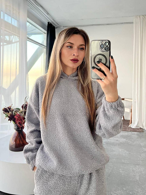 Женский теплый уютный костюм двойка: кофта и штаны барашек на флисе Серый, 42/44 Одесса - изображение 2