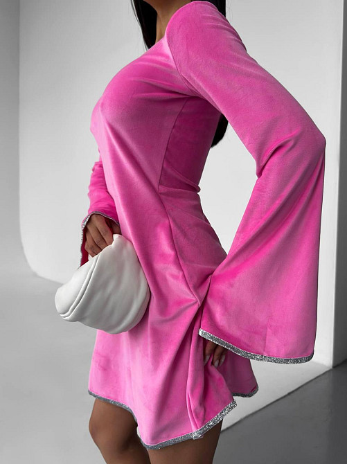 Стильное женское платье  с v-вырезом турецкий велюр Розовый, 44/46 Одесса - изображение 2