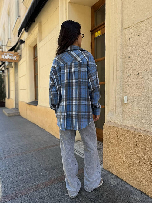 Женская теплая рубашка свободного кроя в клетку турецкая байка Голубой, 42/44 Одесса - изображение 5