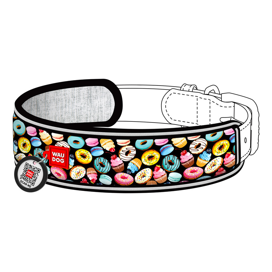 Ергономічна накладка на нашийник WAUDOG Nylon з QR-паспортом, малюнок "Пончики" (розмір S, для Коломыя - изображение 1