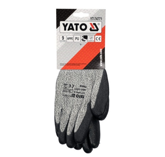 Рукавиці робочі захисні від порізів (HPPE) YATO покриті чорним поліуретаном, розмір 9 [12/120] Одесса