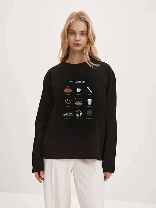 Жіночий лонгслів оверсайз із накатом "MY WISH LIST" турецький кулір Чорний Одеса - фото 1