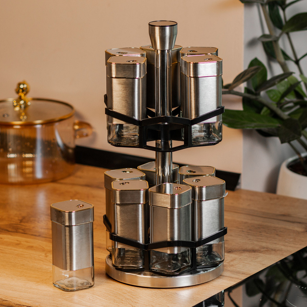 Набір для спецій на підставці 12 баночок по 120 мл, хром із золотом HP1321 Коломыя - изображение 5