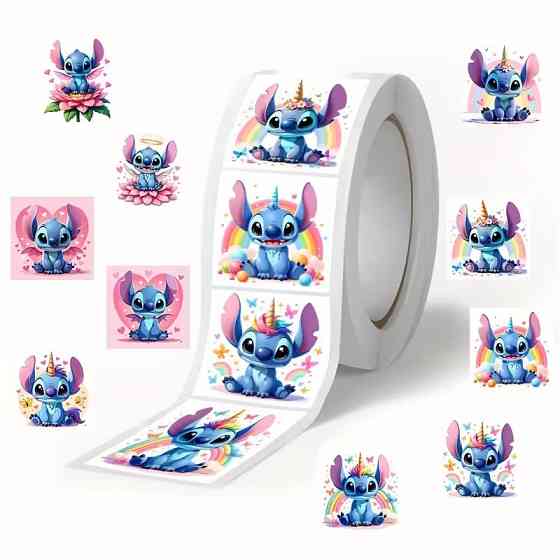 Стікери «Стіч єдиноріг» — рулон 500 шт, Ø2.5 см, милі наліпки для школи, щоденників і пакування Київ