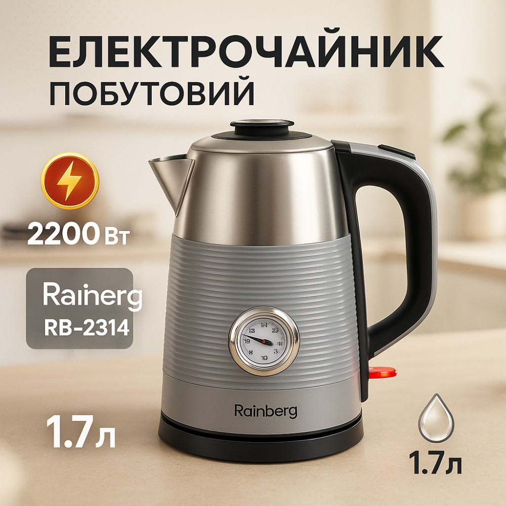 Потужний побутовий електрочайник Rainberg RB-2314 2200Вт 1.7л, Компактний електричний чайник для дому PS-96 Львів - фото 9