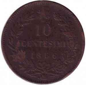Виктор Эммануил II. Монета 10 чентезимо. 1866 год, Италия. 