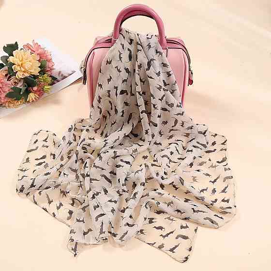 Шарф с котами женский 146 на 47 см бежево-черный Киев