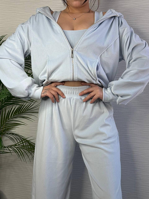 Женский стильный повседневный плюшевый костюм тройка Голубой, 46/48 Одесса - изображение 3