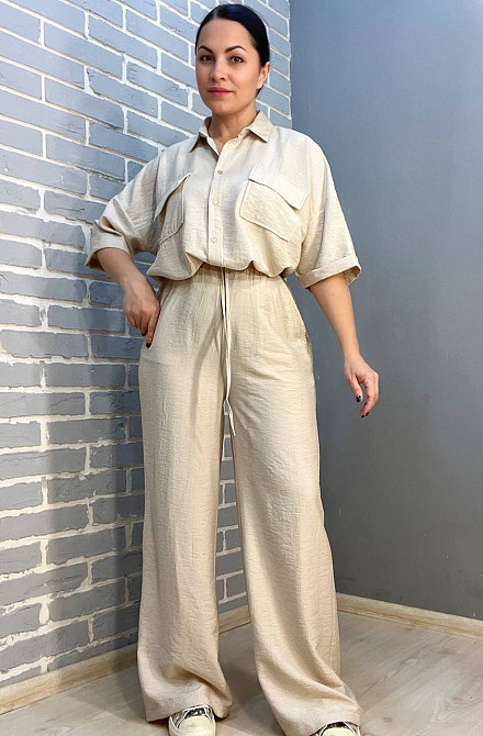 Костюм женский Mix Ray 4218 ткань жатка рубашка на пуговицах карманы и широкие брюки на резинке бежевый, бежевый, S Киев - изображение 9