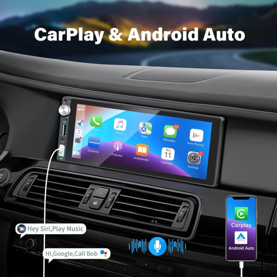 Автомагнитола 1DIN с Apple Carplay/Android Auto, 6,9-дюймовая IPS-магнитола с сенсорным экраном, камерой заднего вида Киев