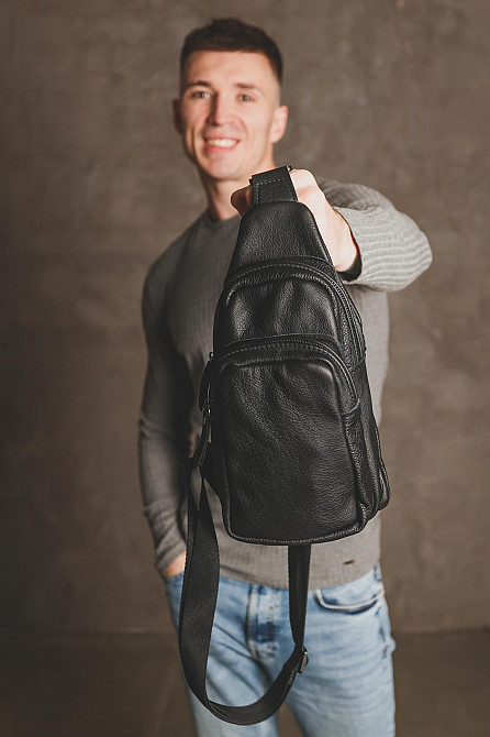 Сумка-слінг шкіряна, чоловіча сумка через плече SL013 (Чорна) Суми - фото 4