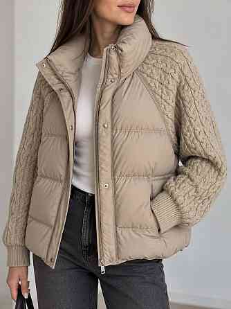 Куртка жіноча YZY 30790 пуховик oversize з в’язаними рукавами демісезонна one size, бежевий, one size Київ