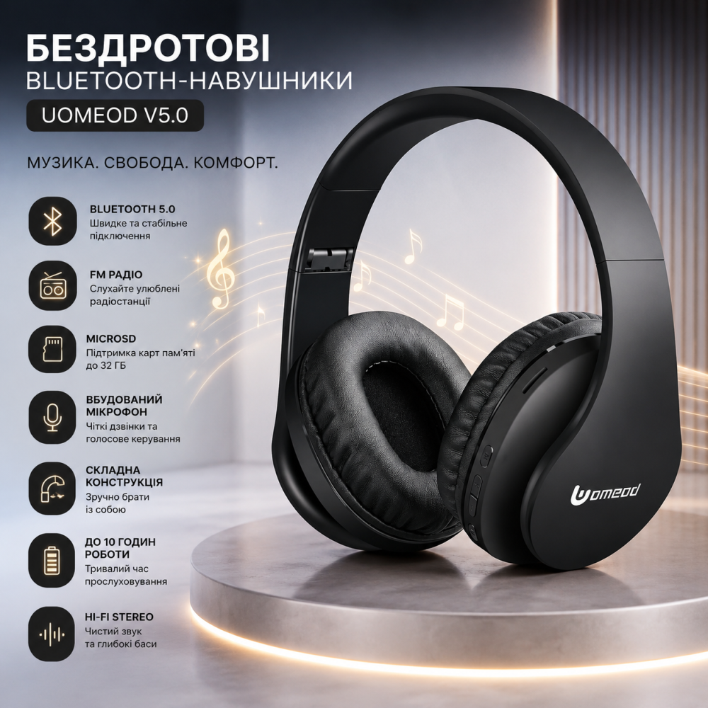 Бездротові Bluetooth-навушники Uomeod V5.0 складні, дротова стереогарнітура з мікрофоном, FM та MicroSD, чорні Київ - фото 9